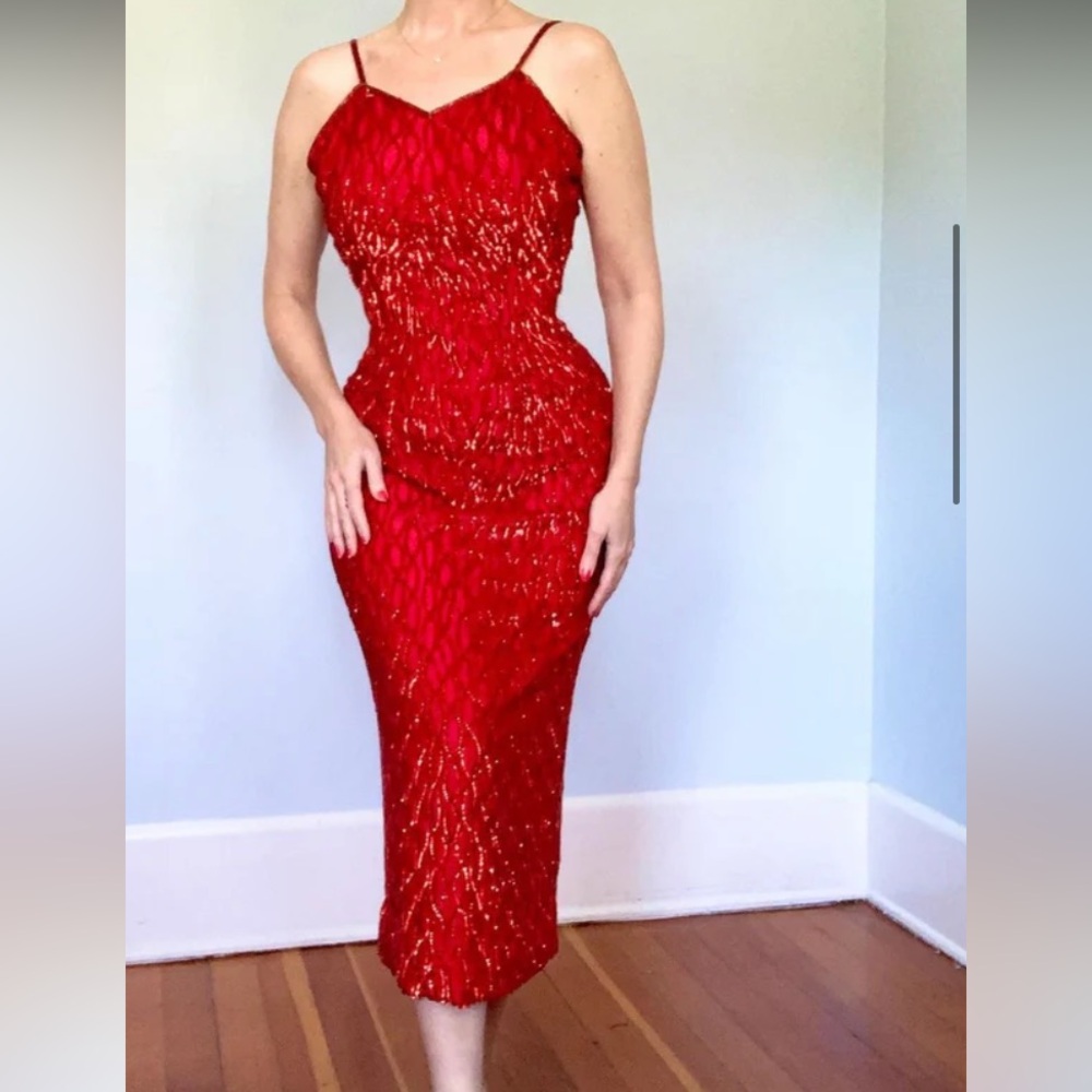 NYE Valentines Day Vintage Red Wiggle Dress! Sequined/beaded. VLV Pinup Retro
